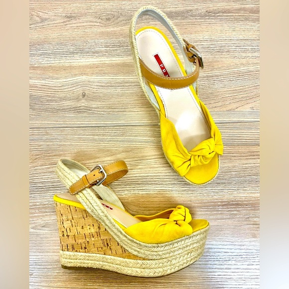 Prada Camoscio Espadrille WedgeSuede Sandal Yellow Women's Size 6.5